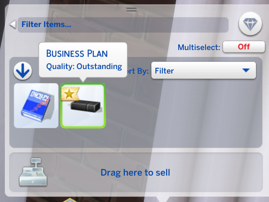 Un plan de negocios en el inventario de un Sim