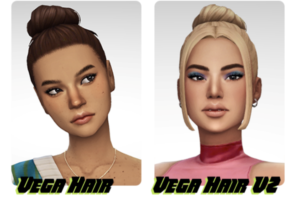 Dos rectángulos de color gris a blanco con sims dentro. Los sims tienen el cabello recogido en un moño en la parte posterior de la cabeza, pero una versión tiene flequillo lateral.