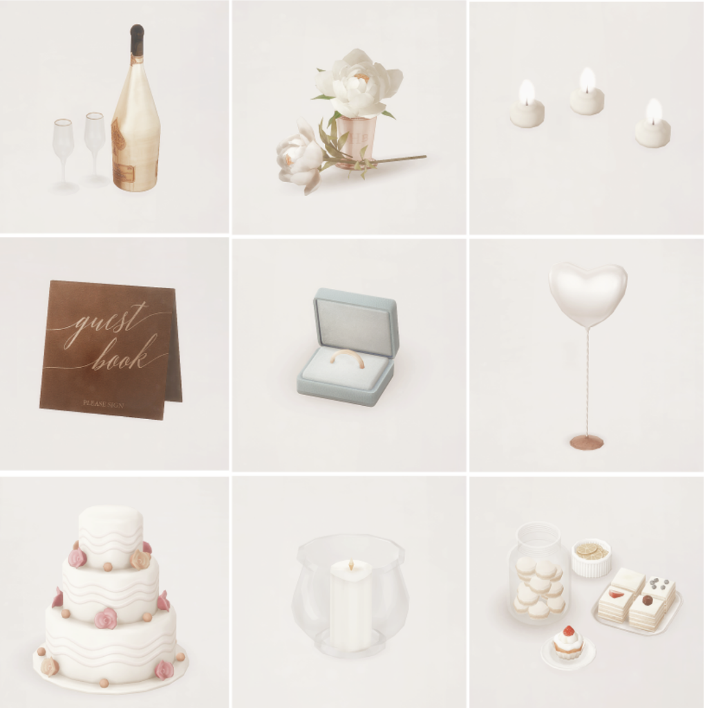 9 cuadrados todos juntos en una cuadrícula, cada uno de estos cuadrados tiene una pieza de decoración de bodas de sims 4 cc. Algunos de los elementos son un libro de visitas, un conjunto de velas, vino y tarta.