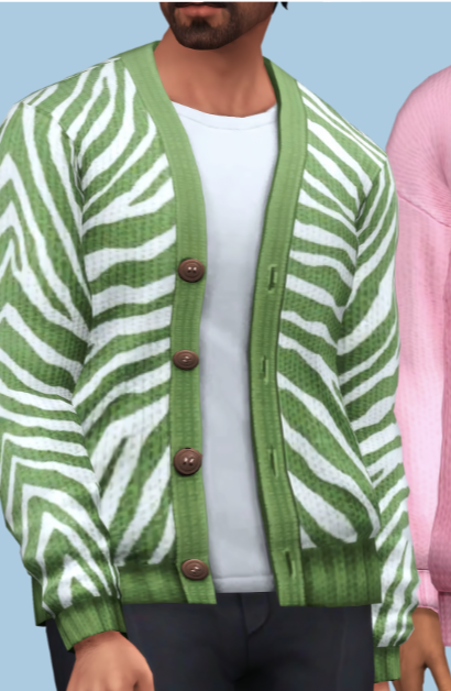 Una imagen de un sim donde se recorta su cara, lleva una camiseta blanca con un suéter a rayas de cebra verde y blanco encima.