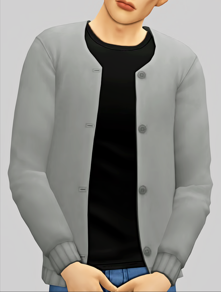Un sim de pie con una camiseta negra y un cardigan gris de cc de Sims 4 encima. La cara del sim está recortada de la imagen.