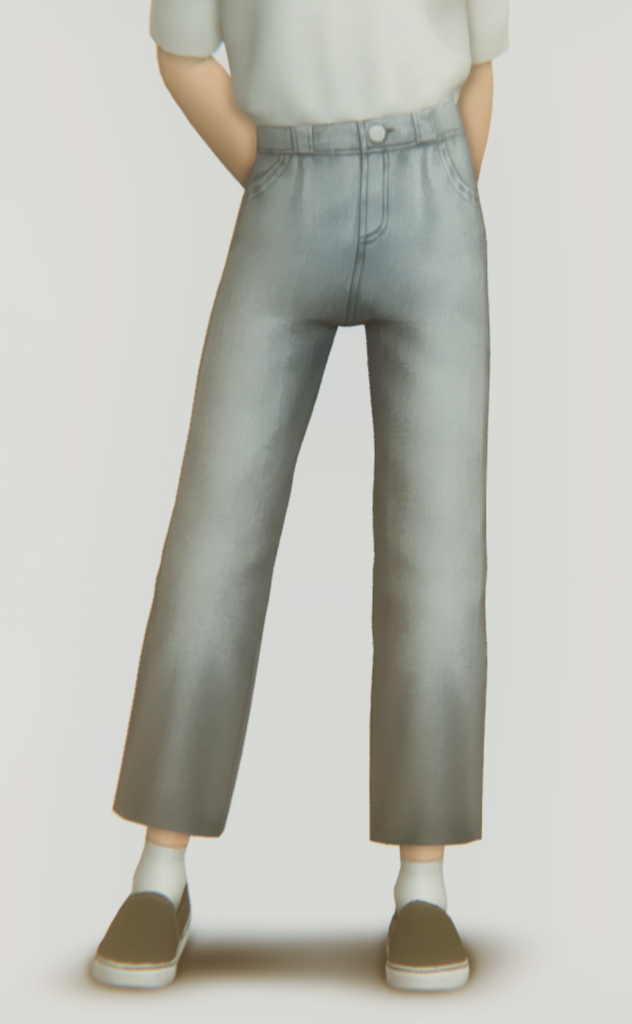 Un sim vistiendo una camiseta blanca y pantalones de pierna ancha en color gris, que están cortados a la altura del tobillo, llevan zapatos Vans y un par de calcetines blancos.