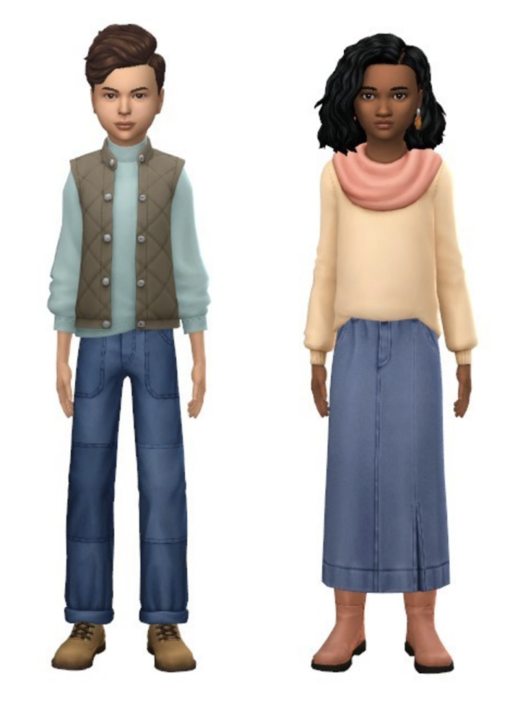 Dos niños de Los Sims 4 parados uno al lado del otro vistiendo jeans de parches y una falda larga de mezclilla con cc.