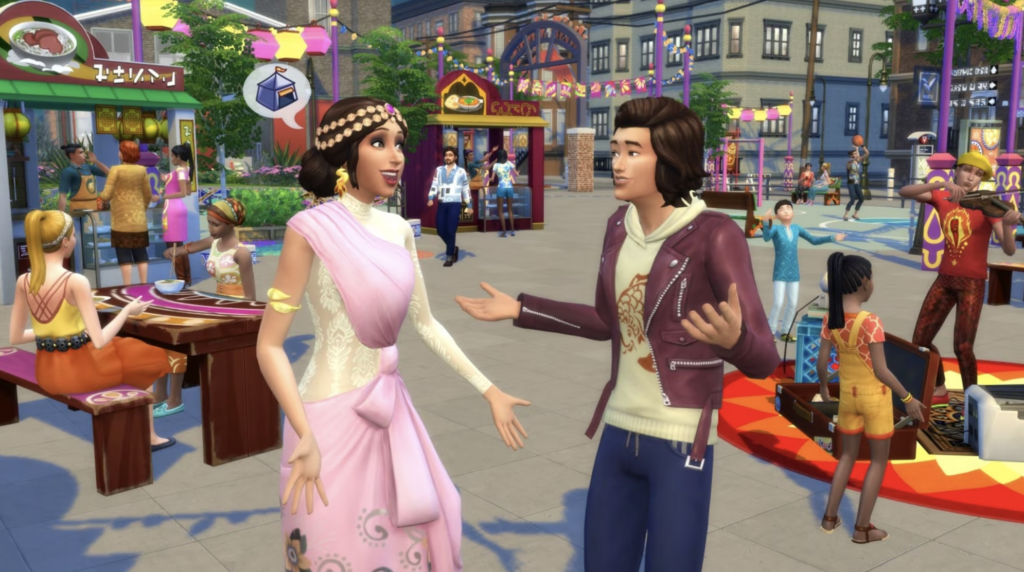 Una imagen de la promoción de Los Sims 4 Vida en la Ciudad. Esta imagen muestra un parque en la ciudad, donde hay dos sims charlando sobre un festival, sims escuchando a un músico callejero y otros sims probando nueva comida en el fondo mientras otros juegan baloncesto.