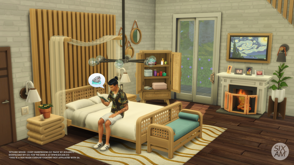 Un sim sentado/a en una cama leyendo un libro sobre delfines, este dormitorio está lleno de muebles de sims 4 CC, incluyendo una chimenea, una cama, un otomano y más.