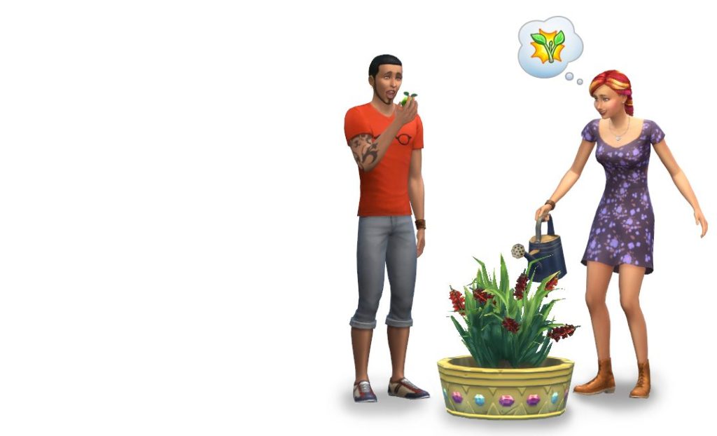 Una imagen de dos sims de Los Sims 4 cultivando plantas de Snapdragon en una maceta colorida.