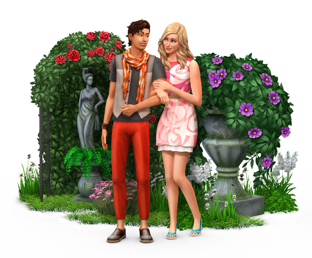 Render de Los Sims 4: Jardín Romántico, dos sims almas gemelas que caminan de la mano frente a una fuente y flores