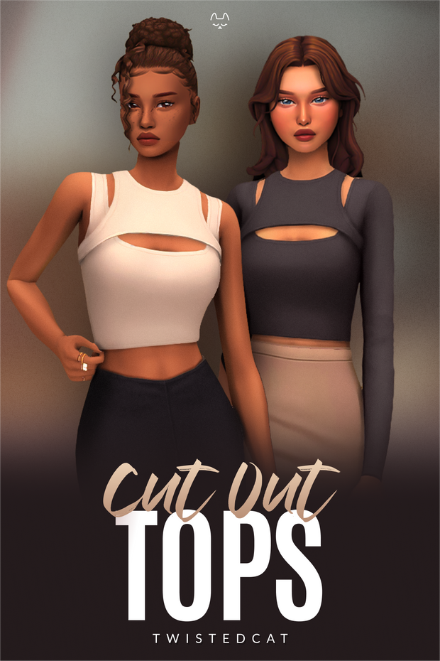Dos Sims con miradas atrevidas usando diferentes versiones de tops recortados con recortes en los hombros y uno en el pecho.
