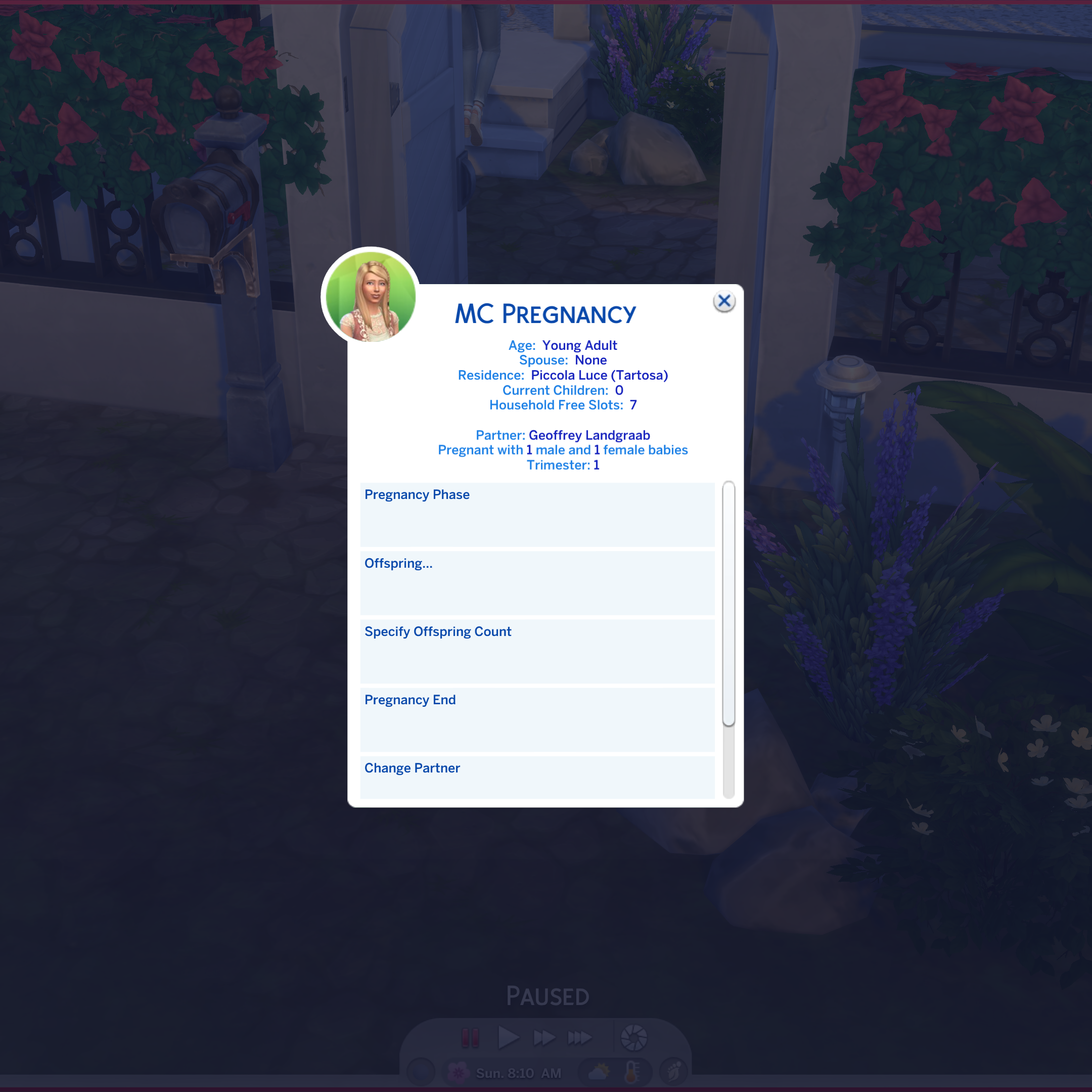 El menú abierto de MC Pregnancy, un mod de trucos para Los Sims 4.
