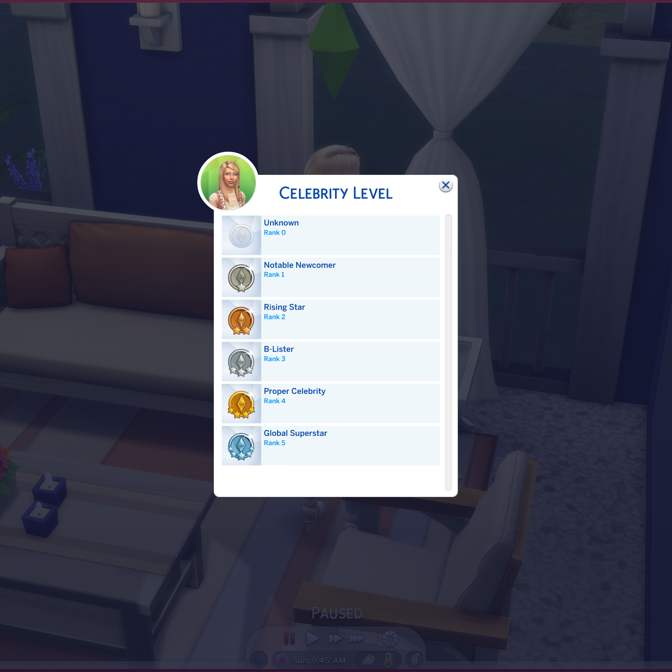 El menú de trucos de IU para cambiar el nivel de celebridad de tu sim en Los Sims 4.