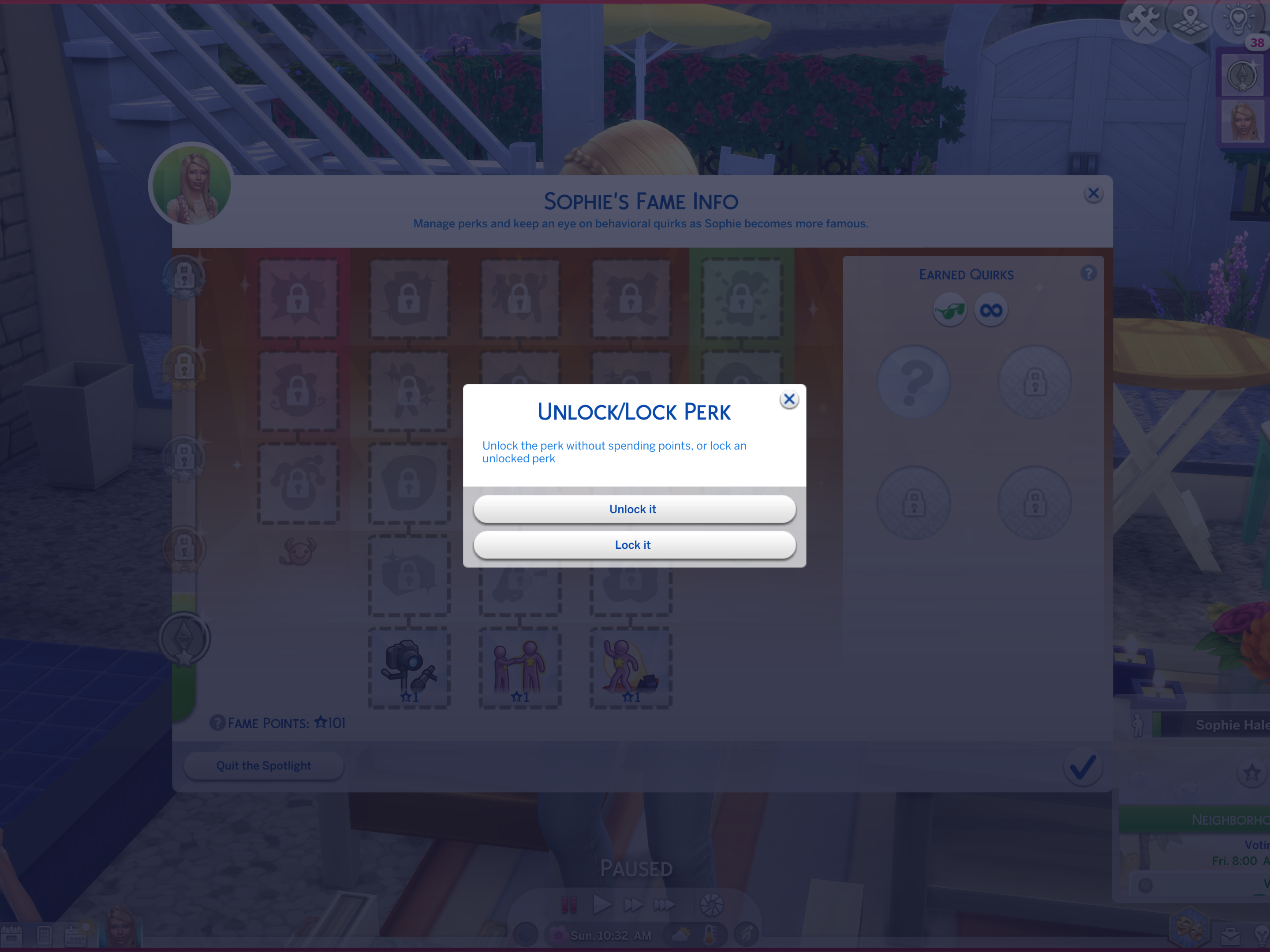 La página del menú de Extensión de Trucos de IU para desbloquear beneficios de fama sin usar puntos de beneficio en Los Sims 4: A fama.