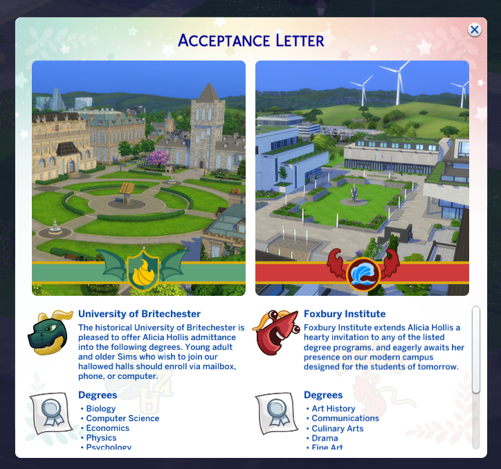 Carta de aceptación de la Universidad en Los Sims 4