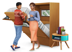 Tiny Living Render: Sim masculino bajando la cama Murphy mientras la sim femenina toma café