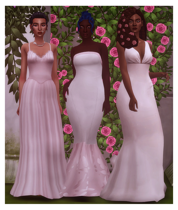 tres sims en vestidos de boda de diferentes estilos de pie en varias poses