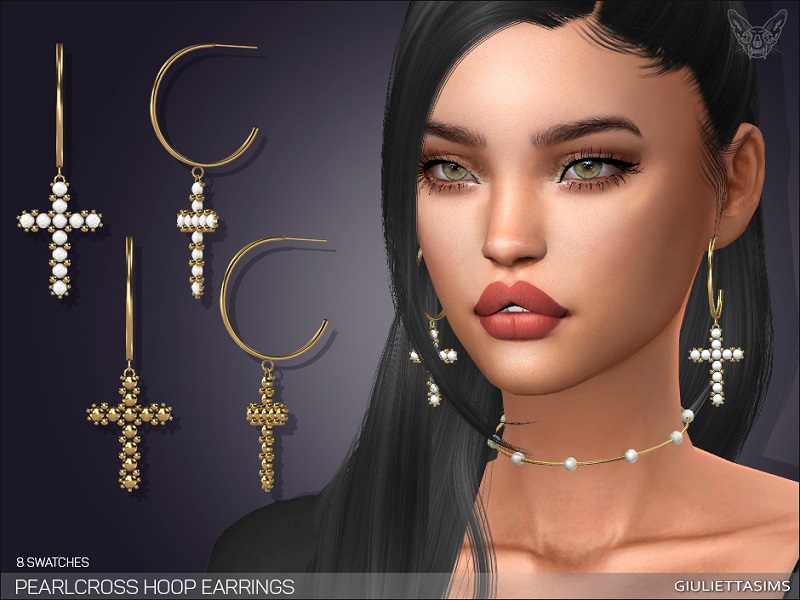Un sim con cabello negro y ojos verdes que lleva puesto un collar de gargantilla con pequeñas perlas. Su cabello negro está medio recogido con un flequillo y lleva unos pendientes de aro con una cruz colgando en la parte inferior.