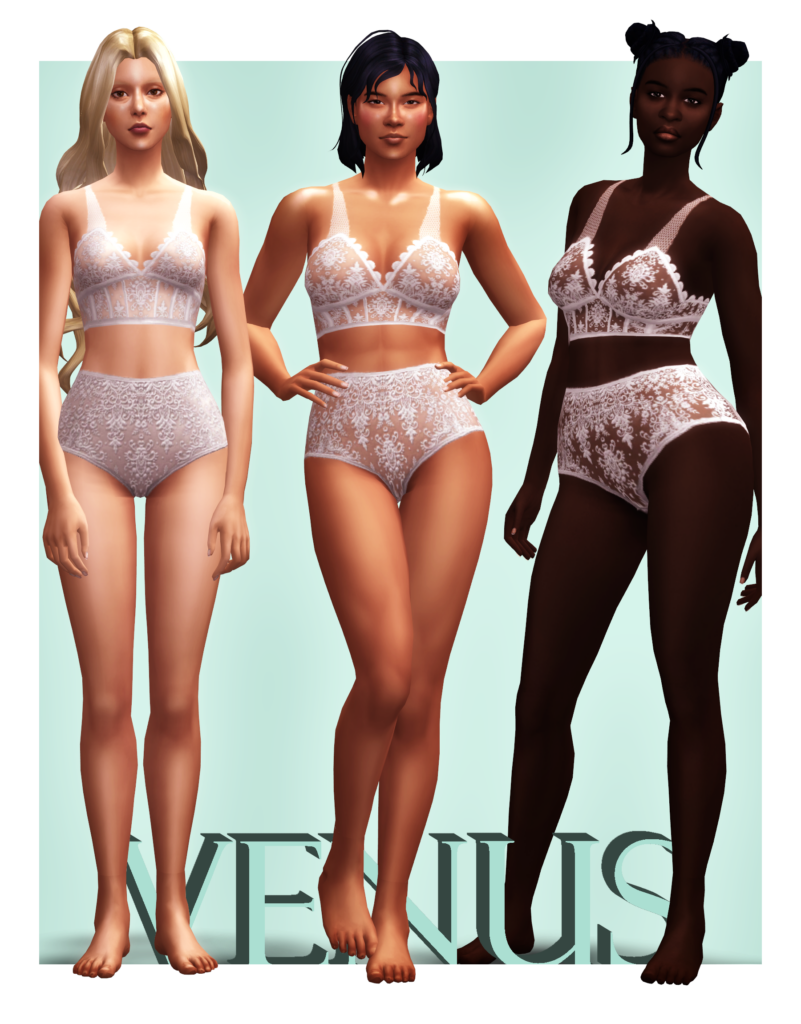 Tres personajes diferentes de Los Sims 4 que llevan el mismo conjunto de lencería de encaje blanco CC. Los sims tienen diferentes tonos de piel para mostrar cómo se ve en sims diferentes.