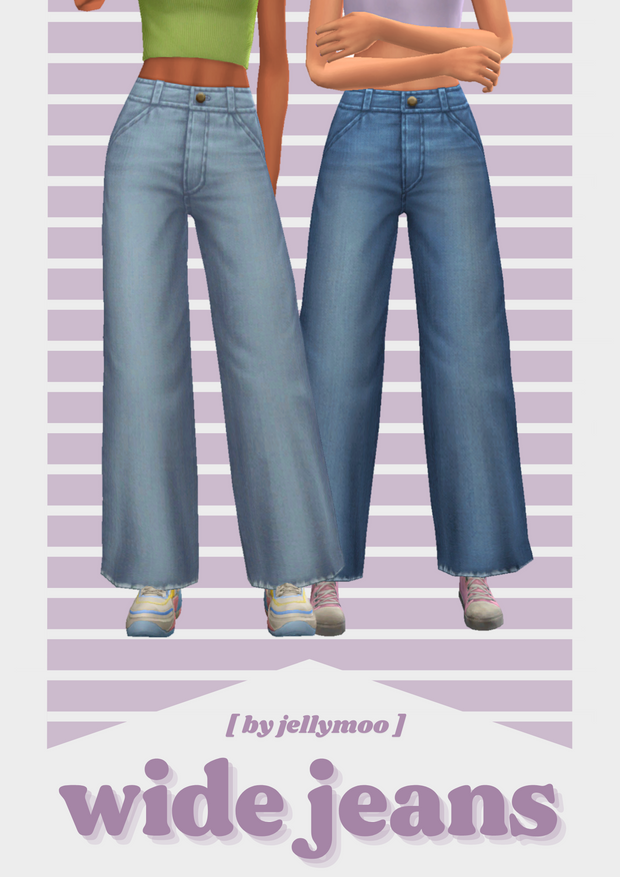 Dos Sims que llevan tops cortos con jeans de pierna ancha y zapatillas.