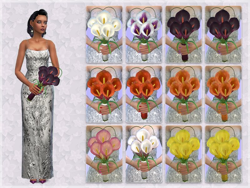 Un personaje de Los Sims 4 vestido con un vestido de novia y llevando un ramo de novia personalizado.