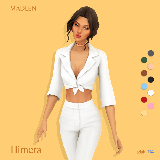 Una sim hermosa vistiendo una camisa blanca abotonada atada para mostrar su estómago con pantalones blancos de talle alto