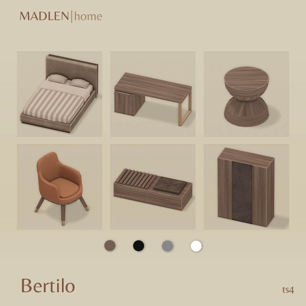 Seis cuadros en un fondo beige que tienen piezas individuales de muebles de dormitorio de sims 4 cc. Se ve una cama, un escritorio, una mesa auxiliar, una silla y más. 