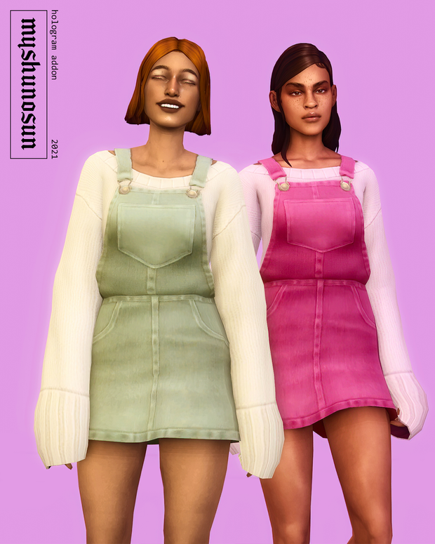 Dos sims en un fondo rosa llevando sweaters de manga larga con vestidos overall a juego.
