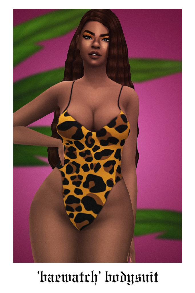 Un sim usando un traje de baño de estampado de leopardo de cintura alta.