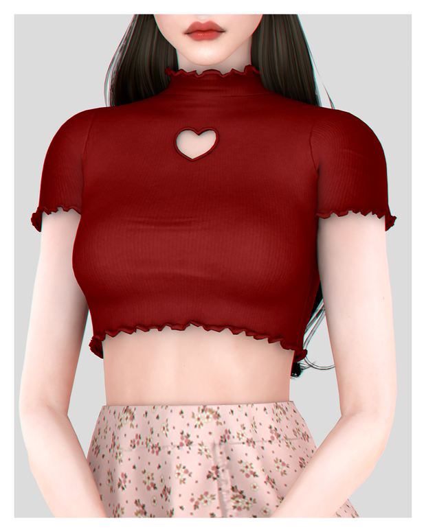 Un sim vistiendo un lindo crop top rojo con volantes alrededor del borde inferior, los brazos y el cuello. Hay un corazón recortado en el pecho, lo cual es una excelente opción de tops para Los Sims 4.