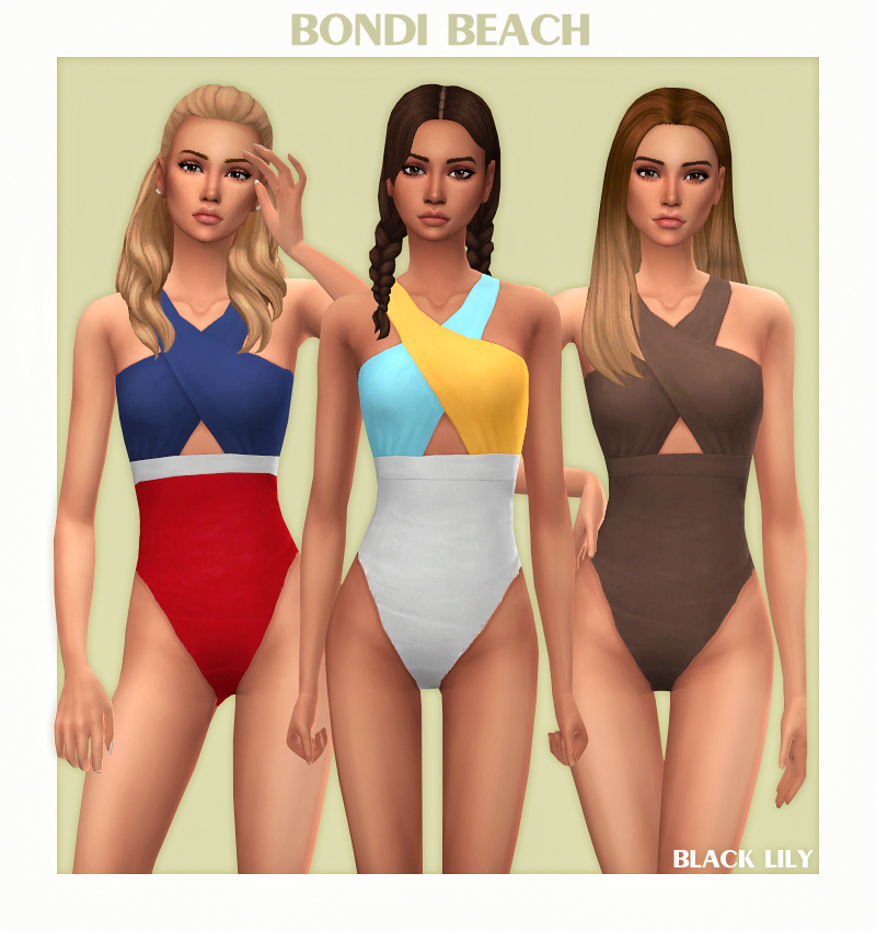 Tres personajes diferentes de Los Sims 4 que llevan trajes de baño cruzados a juego en diferentes colores.