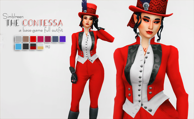 Una sim vestida con un traje de Halloween Contessa en negro, blanco y rojo. También tiene guantes y un sombrero.