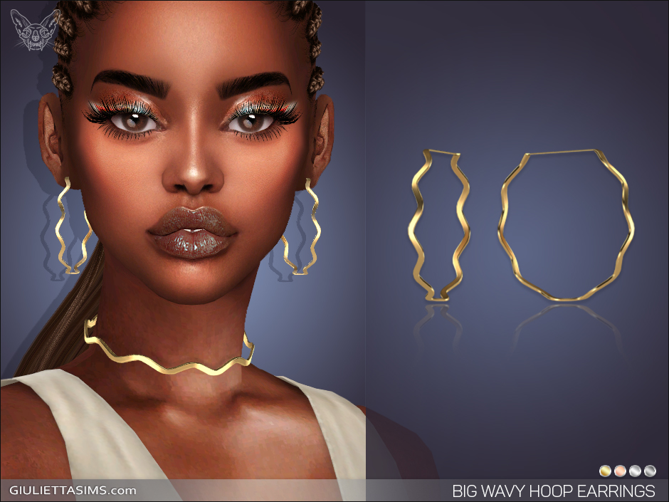 Un personaje en Los Sims con el pelo trenzado, un maquillaje dramático de sombra de ojos y brillo labial. Llevan puestos los pendientes personalizados de aro ondulado y un collar ondulado.