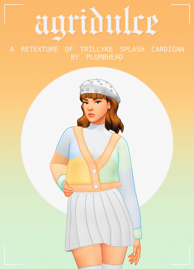 Una sim con apariencia de dibujo animado. Lleva una falda plisada blanca con un cardigan de bloques de colores y un gorro blanco.