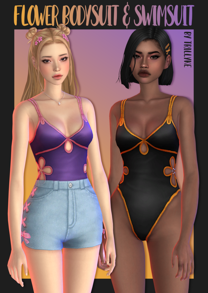 Dos personajes de Los Sims 4 que llevan puesto un traje de baño de una pieza con flores recortadas en los costados. También llevan puestos shorts de jean.