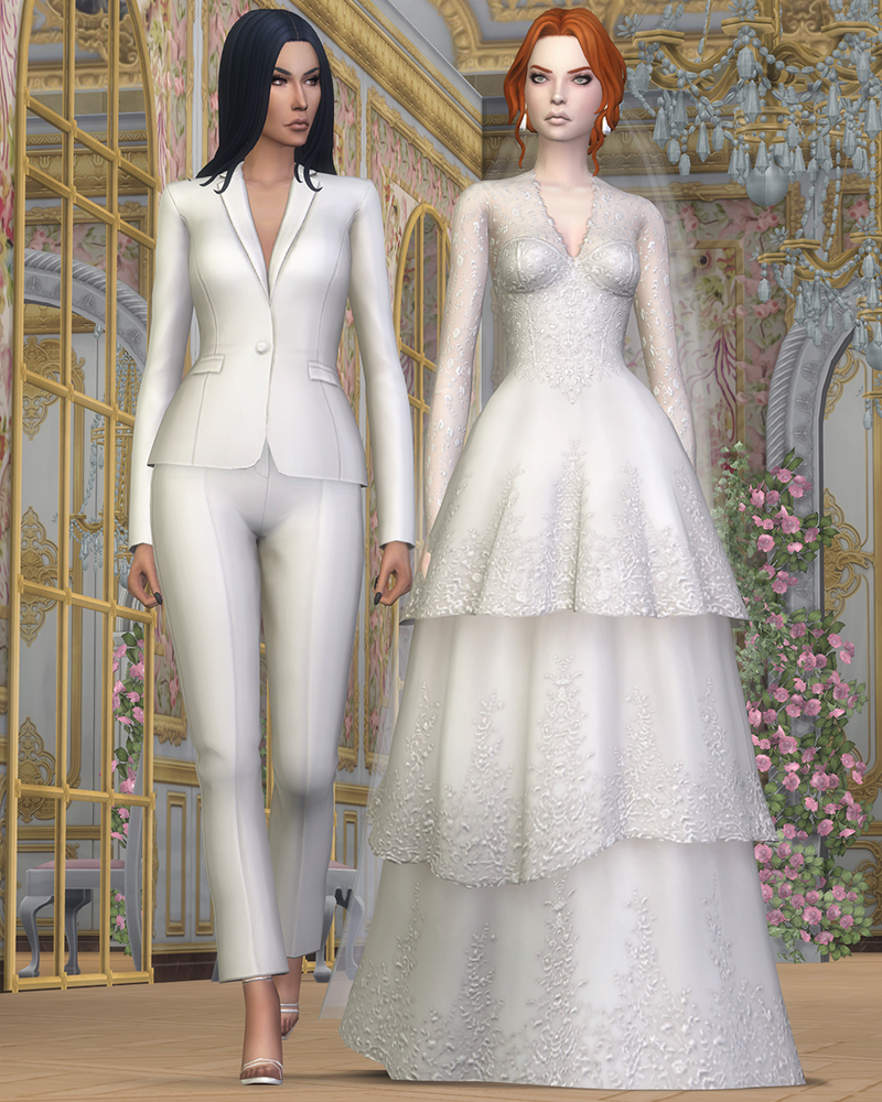 Dos Sims parados en un hermoso lugar de bodas usando un traje blanco cc o un vestido con capas en Los Sims 4