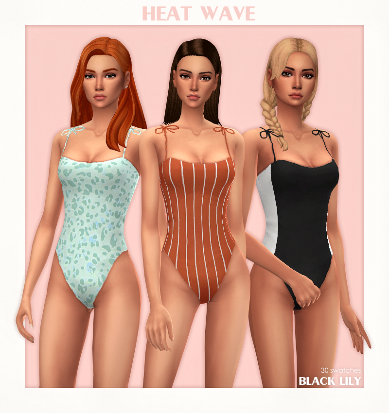 Tres sims diferentes usando diferentes combinaciones del mismo traje de baño.