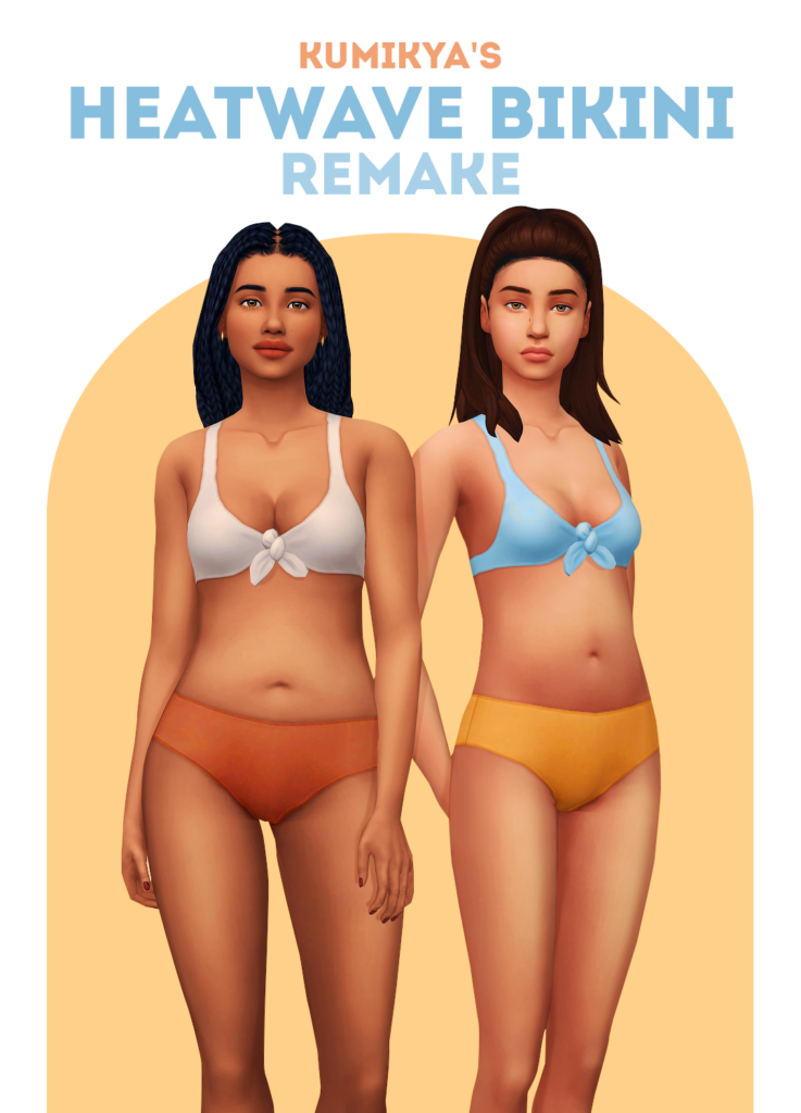 Dos sims con cabello negro en un fondo amarillo en bikinis.
