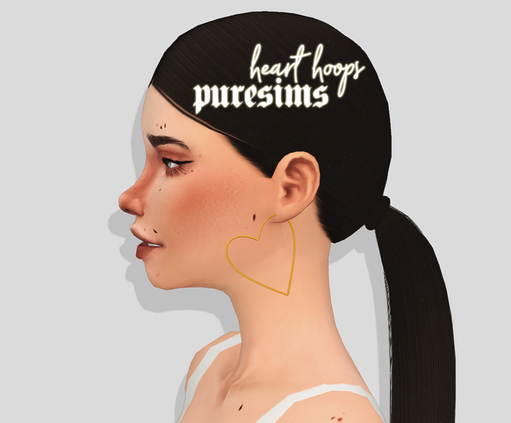 Un Sim con el pelo largo y castaño en una cola de caballo baja que lleva puestos unos pendientes en forma de aro con forma de corazón.
