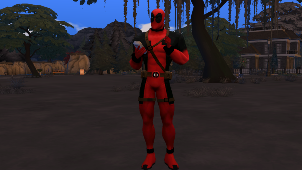 Un sim parado junto a unos árboles vestido como Deadpool