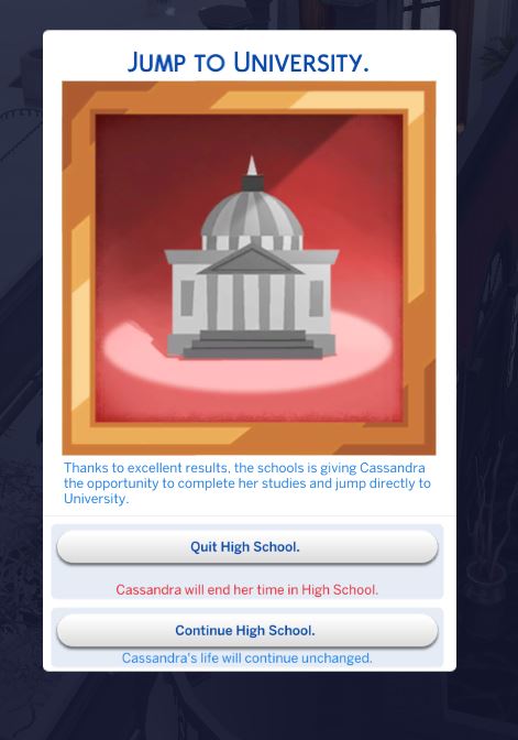 una caja de mensajes en Los Sims 4 que permite a tus adolescentes abandonar la escuela secundaria