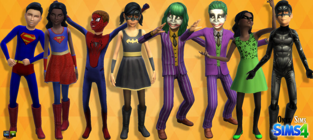 un grupo de ocho niños de Los Sims 4 parados con disfraces de Halloween personalizados, hay niños vestidos como el Joker, Batman, Superman y Spiderman.