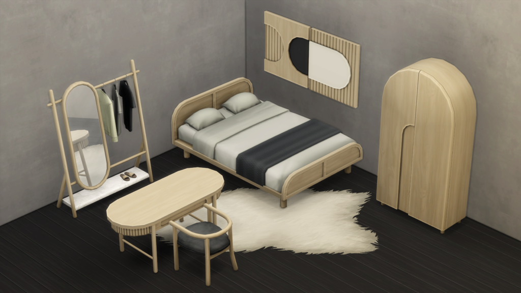 Una habitación con pisos de madera negra, paredes grises lavadas con piedra y muebles de habitación cc de Los Sims 4 en madera de abedul claro.