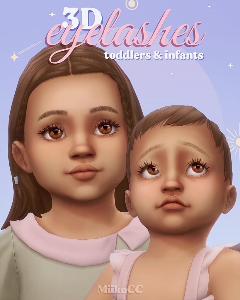 Dos sims, un niño pequeño y un bebé mirando hacia arriba y hacia un lado con pestañas largas.