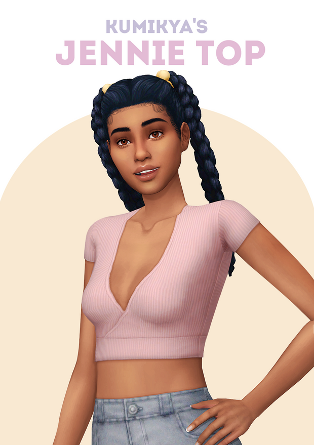 Un sim con el cabello en dos coletas usando un crop top rosa con un escote en V profundo