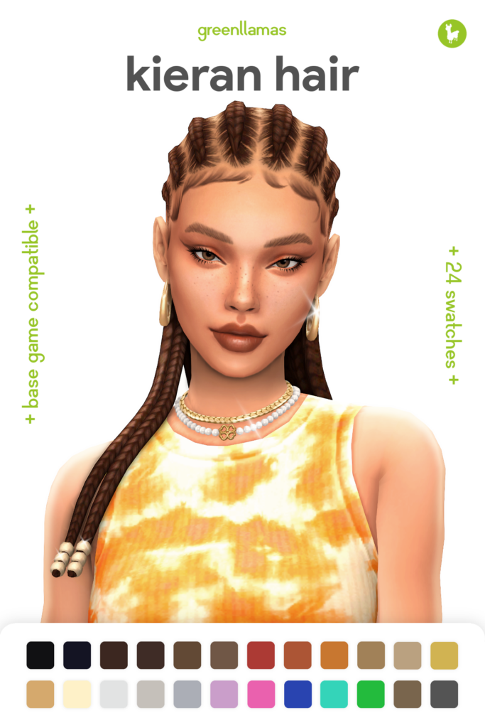 Un Sim llevando una camisa amarilla y naranja con el cabello trenzado con baby hairs y pequeñas cuentas al final de las trenzas.