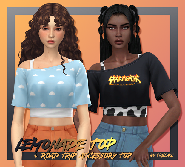 Dos sims, uno con cabello rizado y otro con cabello liso. Ambos están usando diferentes variantes del mismo top que tiene una camiseta corta encima de un top corto.