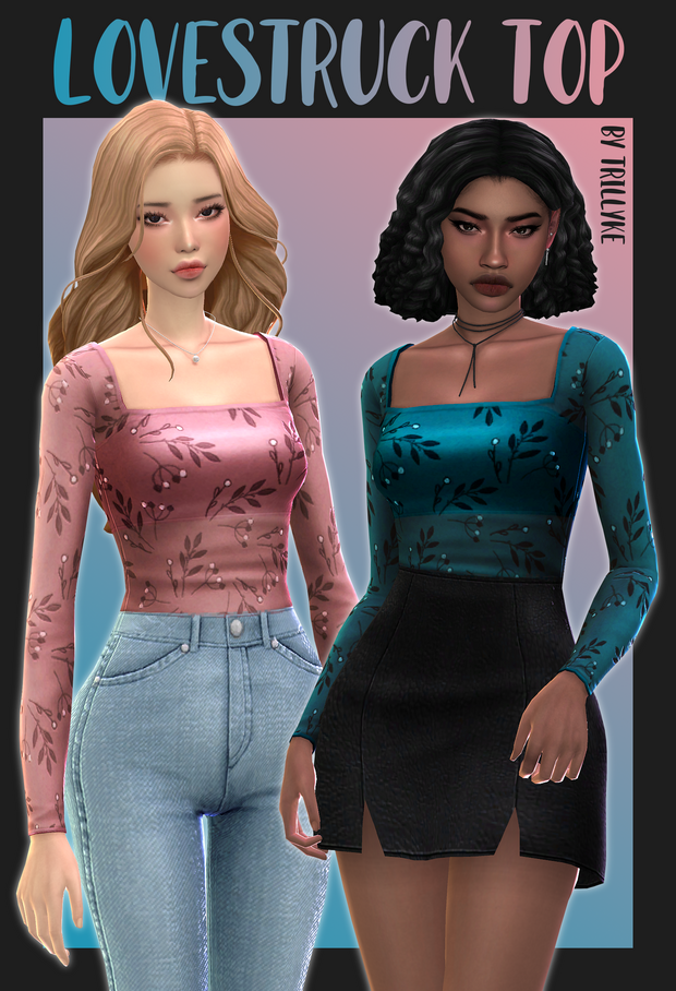 Dos sims usando la misma blusa de mangas largas con escote recto y estampado de hojas. #LosSims4 #Sims4CC