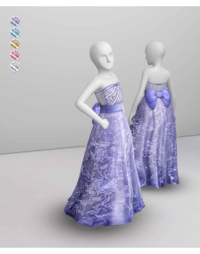 Un vestido muy formal con un estilo sin tirantes en la parte superior, un lazo enorme alrededor de la cintura y una falda grande.