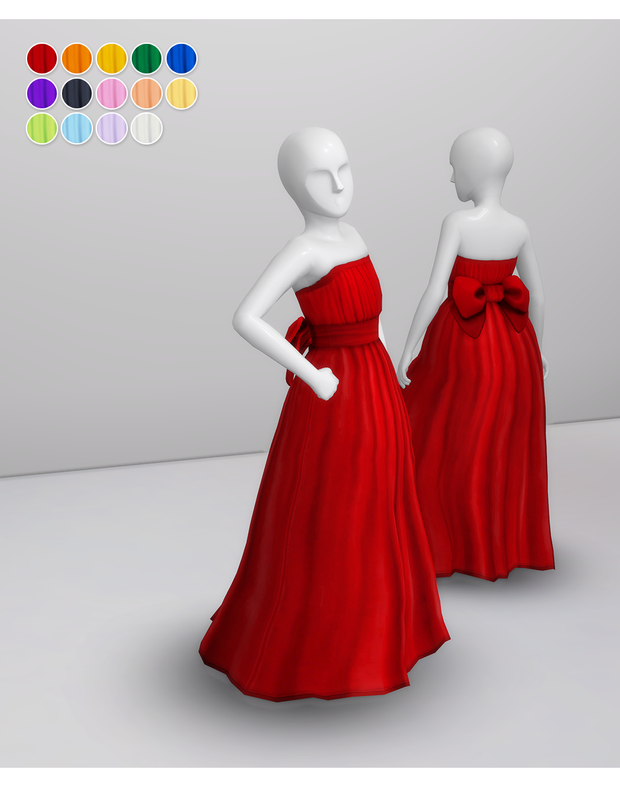 Un maniquí llevando un vestido de Sims 4 para niños con un gran lazo alrededor de la cintura que se convierte en un lazo.