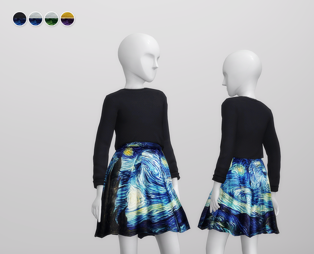 Un vestido que muestra la pintura de la Noche Estrellada en la mitad inferior y una camisa negra de manga larga en la parte superior.