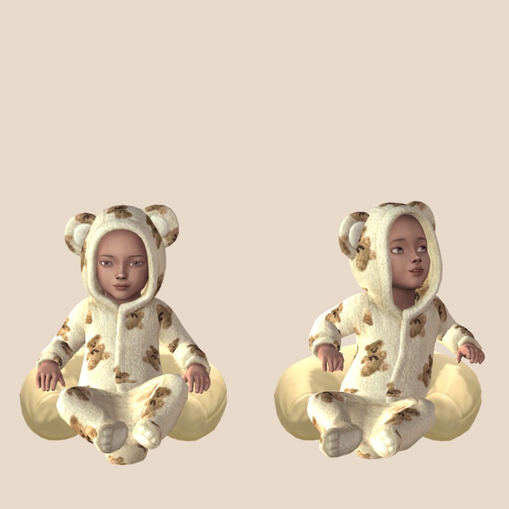 Un fondo beige con dos sims 4 sims de edad infantil en él. Están usando onesies y sentados en una almohada.