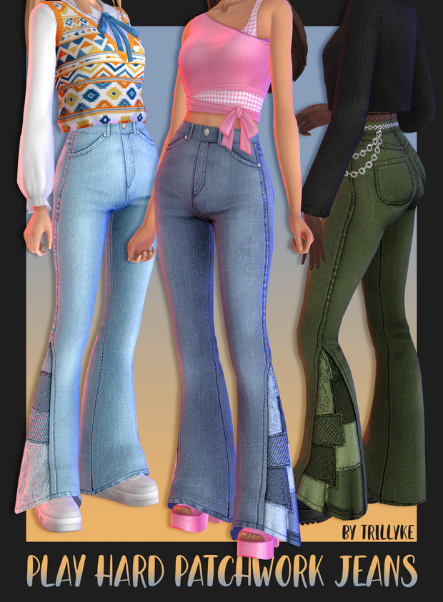 Tres personajes de Los Sims 4 de pie en diferentes poses con las cabezas recortadas fuera del marco. Todos llevan diferentes tops y el mismo par de pantalones que son de cintura alta y tienen una pierna acampanada con remiendos en el lateral.